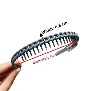 Detail of dark grey toothed headband showing width 0.8cm and diameter 12cm dimensions