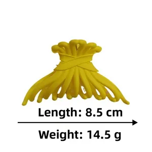 Detail view of a yellow matte hair claw clip showing 8.5cm length and 14.5g weight info