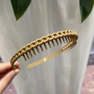 Detailed close-up of matte brown headband with non-slip teeth and woven chain design