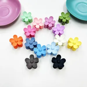 Detailed overhead shot of 13 colorful macaron flower mini hair claw clips in a circle