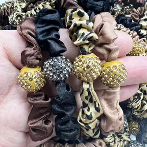 Women Rhinestone Satin Scrunchies Leopard Print Elastic Hair Ties Vintage Elegant Hair Accessories For Daily Dating Party