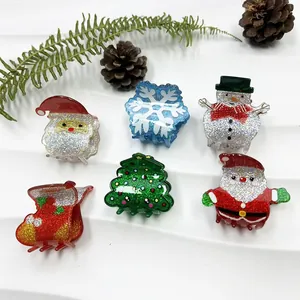 6-piece Christmas hair claw clip set featuring Santa Claus, snowflakes, and glittery trees