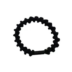 Elastic black spiral hair tie with woven wave texture and secure plastic buckle fastener