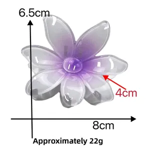 Dimensions détaillées de la pince à cheveux fleur en résine violette avec étiquettes