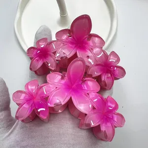 Dettaglio di cinque fermagli per capelli a forma di fiori di frangipane rosa sfumato