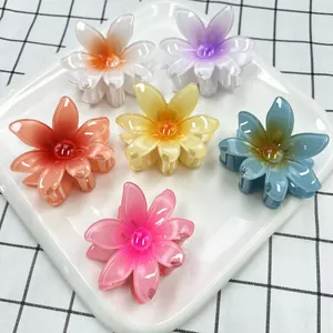 Pinces à cheveux fleurs de frangipanier en six couleurs vives sur une assiette blanche