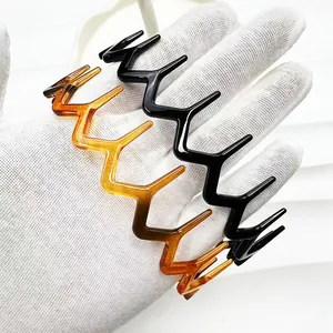Golvende Zigzag Getande Plastic Haarband Voor Vrouwen Antislip Haarbeugel Voor Gezichtswassen Make-up Schildpad Zwarte Hars Hoofdband