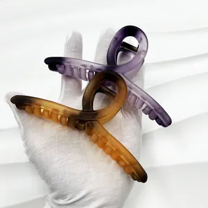 Detail showing gradient large hair claw clips in purple and brown with matte finish