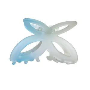 Pinza per capelli a farfalla sfumata blu e bianca opaca con molla in metallo argento