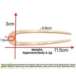 U-shaped hair pin dimensions showing 11.5cm length and beige resin material detail