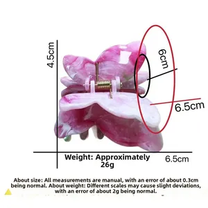 Detailed size chart of pink marble butterfly hair claw clip with 6.5cm width and 26g weight