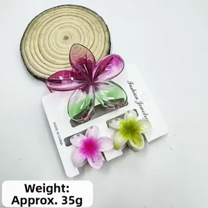 Detail of gradient plumeria hair claw clips on display card with 35g weight info