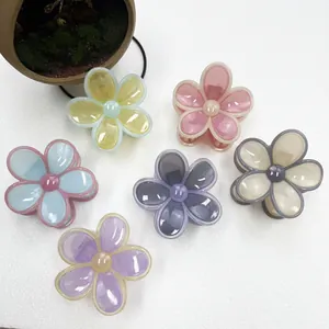 Set of six colorful translucent jelly flower hair claws with pearls for women styling