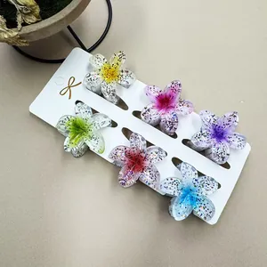 Detailansicht der sechs bunten 4 cm Frangipani-Haarklammern mit feinem Glitzer-Finish