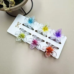 Detailansicht von 6 bunten Glitzer-Resin-Haarklammern auf einer weißen Präsentationskarte