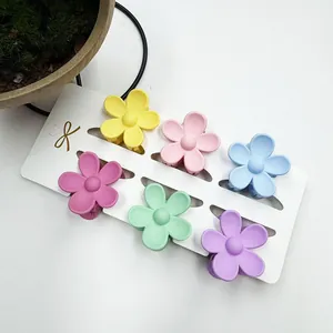 Detail von sechs bunten matten Blumen-Haarklammern auf einer weißen Geschenk-Displaykarte