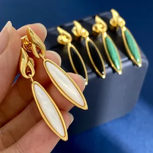 Orecchini a Bottone o Collana con Ciondolo Vintage in Ottone Placcato Oro Marquise Malachite Agata Conchiglia Gioielli Donna