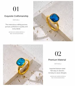 Macro detail of hypoallergenic titanium steel ring with cushion cut blue gemstone