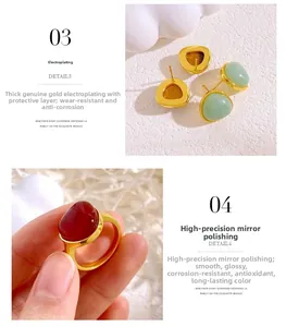 Detail of triangle stud earrings and ring with gold plating and mirror polish