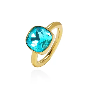 Titanium Steel Geometric Square Rhinestone Ring Fashion Gold Plated Inlaid Candy Color Crystal Ring Jewelry For Women Men