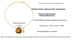 Detailed view of a gold-plated brass triangle pendant with inlaid tiger eye quartz stone