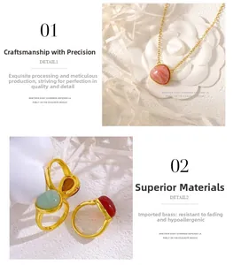Detail of gold brass bracelet with pink textured gem and colorful gemstone rings
