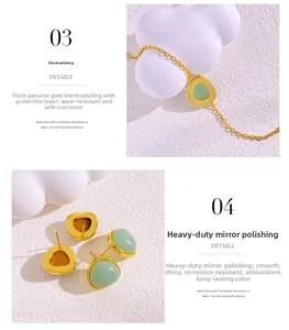 Detailed view of 18k gold plated bracelet and earrings with green gemstone inlays