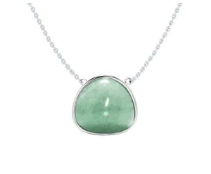 Close-up of geometric triangle pendant necklace with green gemstone in silver setting