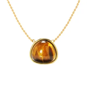 Elegant gold titanium steel necklace featuring a triangular tiger eye stone pendant