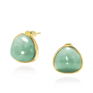 Elegant gold titanium steel stud earrings with triangular light green natural stones