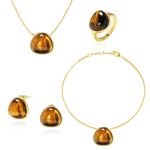 Elegant gold titanium steel jewelry set with triangular tiger eye stone inlay for women