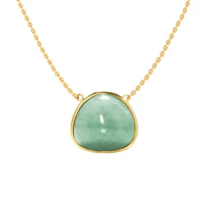 Minimalist gold necklace with a triangular green gemstone pendant on white background