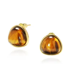 Vintage Messing Geometrische Dreieck Zargenfassung Quarzstein Ohrstecker Tigerauge Achat Chalzedon Ohrringe Schmuck Für Damen