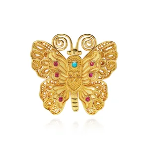 Broche Papillon Style Cour Vintage Collier Pendentif Filigrane Ajouré Incrusté Strass Plaqué Or Laiton Bijoux Pour Femmes
