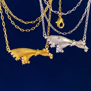 Italian Brushed Copper Bow Pendant Necklace Elegant Zirconia Inlaid Gold Silver Jewelry For Women Gift Fashion Necklaces