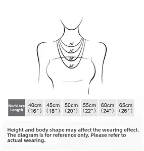 Size guide for necklace lengths from 16 to 26 inches showing various pendant positions