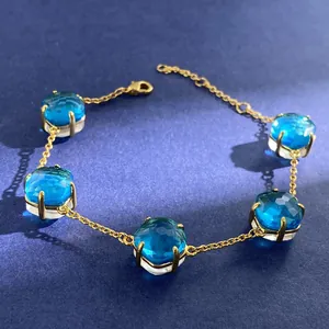 Copper Gold Plated Double-Sided Crystal Five Flower Bracelet For Women Japanese Style Square Cut Stone Adjustable Jewelry