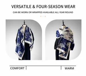 Detail of cashmere-like shawl featuring navy elephant paisley motifs and soft fringes