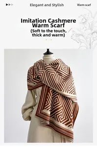 Detailed texture of thick soft cashmere-like scarf with brown geometric pattern