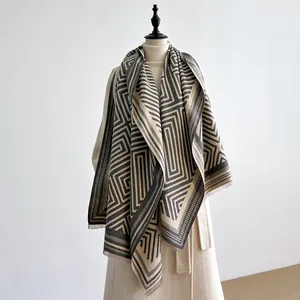 Women Fashion Imitation Cashmere Scarf Winter Warm Thick Shawl Wrap With Geometric Pattern Tassel Fringe Large Scarf
