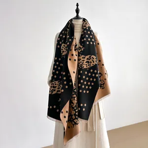 Elegant Leopard Print Polka Dot Scarf Women Thick Faux Cashmere Shawl Wrap Tassels Soft Warm Winter Scarf For Travel