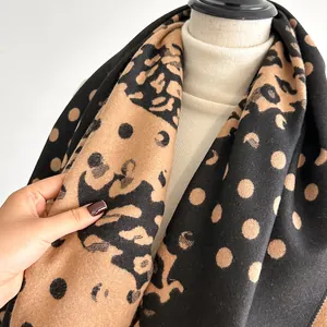 Detail of thick leopard and polka dot print scarf showing soft texture and fabric quality