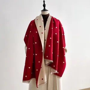 Dames Dubbelzijdige Sjaal met Hartjespatroon Winter Dikke Warme Jacquard Sjaal met Kwastjes Franje Zacht Polyester Pashmina Wrap Cadeau