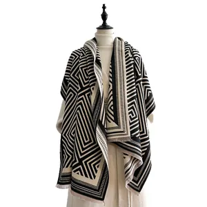 Fashionable black and beige geometric cashmere-like scarf with fringe for autumn and winter