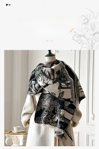 Macro detail of soft black and white Toile de Jouy cashmere-feel scarf texture