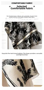Detail of soft cashmere feel scarf showing French toile de jouy print and twisted tassels