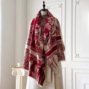 Faux cashmere shawl with deep red Toile de Jouy forest and deer pattern on a mannequin