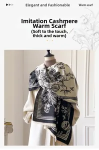 Macro shot of thick pashmina-style scarf featuring vintage floral print and fringe details