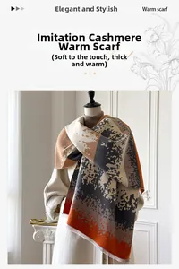 Detail of soft winter scarf with tassel edges and artistic orange and beige patterns