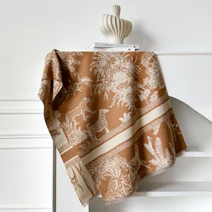 Close-up of animal pattern jacquard scarf showing jaguar and flamingo textile details